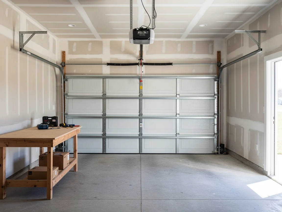A white garage door is closed in a garage with a workbench.