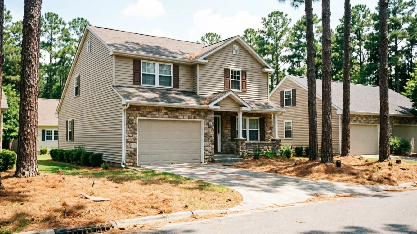 A two-story house with a tan garage door is visible from the street.